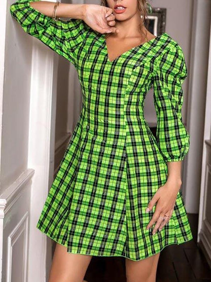 Low Back Lantern Sleeve Tartan Print Skater Dress - Dresses - INS | Online Fashion Free Shipping Clothing, Dresses, Tops, Shoes - 02/03/2021 - Color_Green - Daily