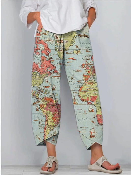 Map Art Loose Printed Elasticated Pants - Pants - INS | Online Fashion Free Shipping Clothing, Dresses, Tops, Shoes - 19/06/2021 - 20-30 - Bottom