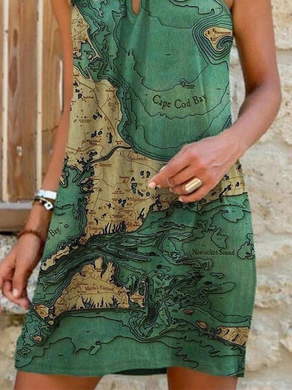 Map Print Sleeveless Halterneck Dress - Mini Dresses - INS | Online Fashion Free Shipping Clothing, Dresses, Tops, Shoes - 20-30 - 29/06/2021 - color-green