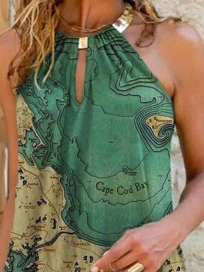 Map Print Sleeveless Halterneck Dress - Mini Dresses - INS | Online Fashion Free Shipping Clothing, Dresses, Tops, Shoes - 20-30 - 29/06/2021 - color-green