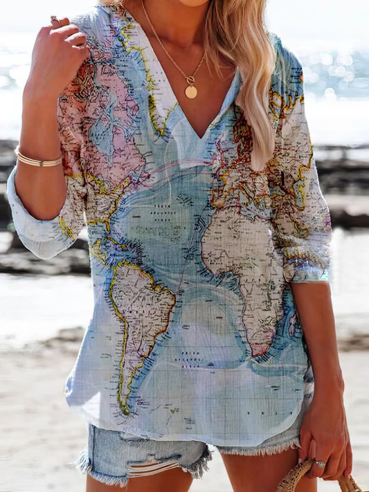 Blouses - Map Printed V-Neck Casual Long Sleeve Blouses - MsDressly