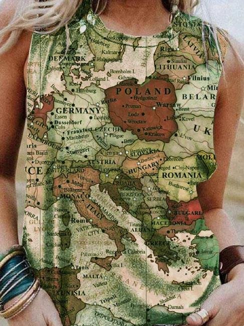 Map Printing Crew Neck Casual Tank Tops - Tanks - INS | Online Fashion Free Shipping Clothing, Dresses, Tops, Shoes - 03/06/2021 - Category_Tanks - Color_Blue