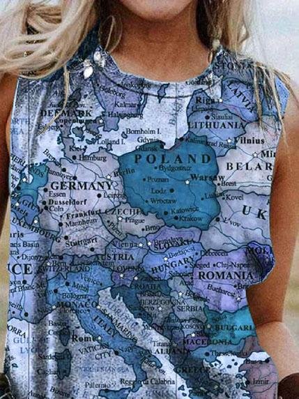 Map Printing Crew Neck Casual Tank Tops - Tanks - INS | Online Fashion Free Shipping Clothing, Dresses, Tops, Shoes - 03/06/2021 - Category_Tanks - Color_Blue