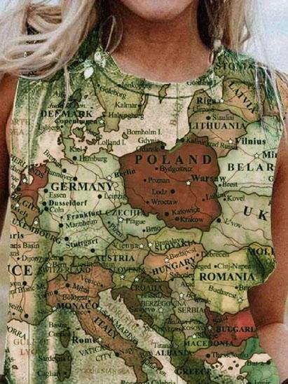 Map Printing Crew Neck Casual Tank Tops - Tanks - INS | Online Fashion Free Shipping Clothing, Dresses, Tops, Shoes - 03/06/2021 - Category_Tanks - Color_Blue