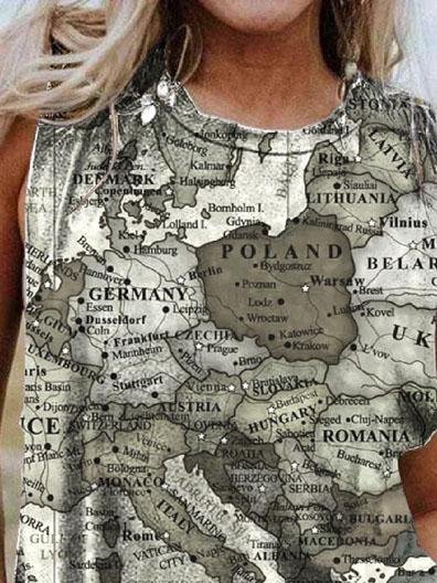 Map Printing Crew Neck Casual Tank Tops - Tanks - INS | Online Fashion Free Shipping Clothing, Dresses, Tops, Shoes - 03/06/2021 - Category_Tanks - Color_Blue