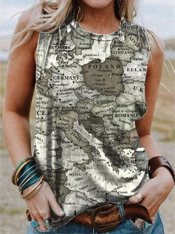 Map Printing Crew Neck Casual Tank Tops - Tanks - INS | Online Fashion Free Shipping Clothing, Dresses, Tops, Shoes - 03/06/2021 - Category_Tanks - Color_Blue