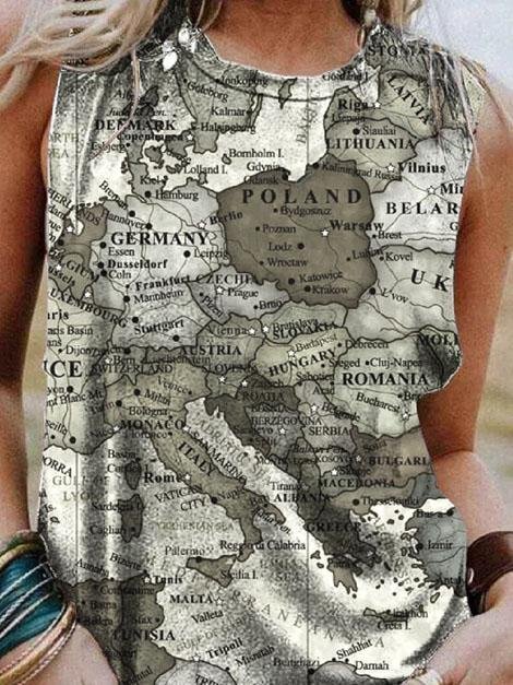 Map Printing Crew Neck Casual Tank Tops - Tanks - INS | Online Fashion Free Shipping Clothing, Dresses, Tops, Shoes - 03/06/2021 - Category_Tanks - Color_Blue