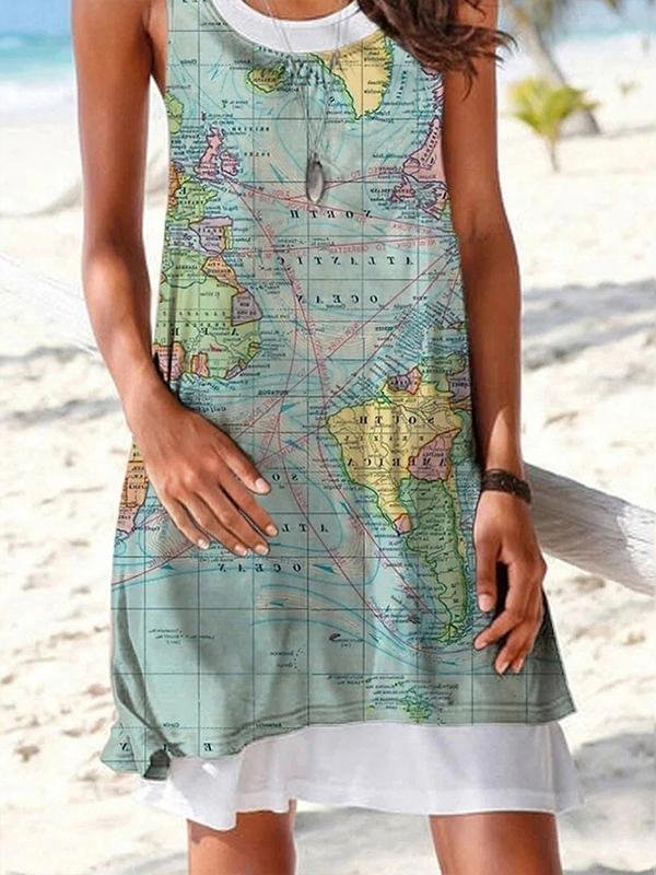 Map Printing Sleeveless Casual Fake 2 Dresses - Mini Dresses - INS | Online Fashion Free Shipping Clothing, Dresses, Tops, Shoes - 05/19/2021 - Category_Mini Dresses - Color_Blue