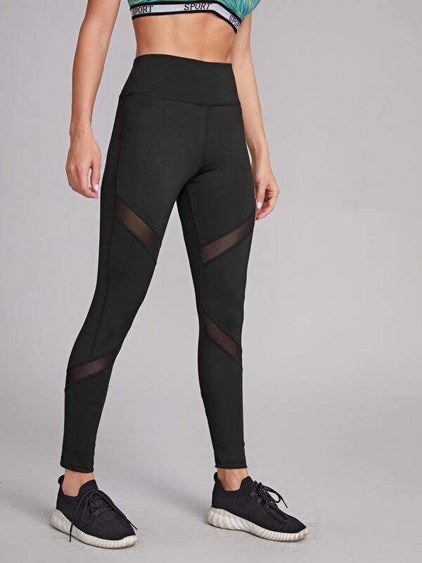 Mesh Panel Wide Waistband Sports Leggings - Activewear - INS | Online Fashion Free Shipping Clothing, Dresses, Tops, Shoes - 02/18/2021 - Activewear - Autumn