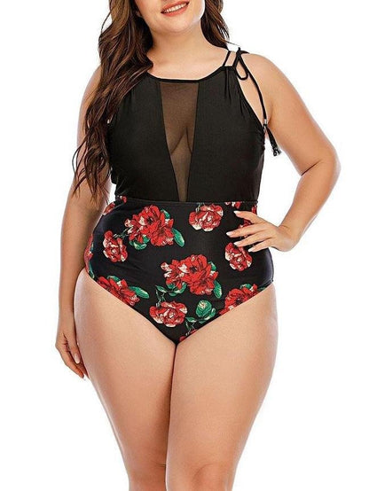 Mesh Stitching Printing Tie Strap One-piece Swimsuit - Plus Swimsuits - INS | Online Fashion Free Shipping Clothing, Dresses, Tops, Shoes - 22/04/2021 - 2204V3 - Color_Black