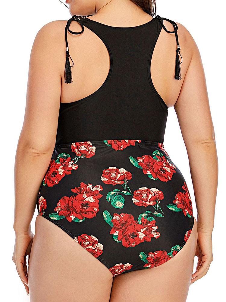 Mesh Stitching Printing Tie Strap One-piece Swimsuit - Plus Swimsuits - INS | Online Fashion Free Shipping Clothing, Dresses, Tops, Shoes - 22/04/2021 - 2204V3 - Color_Black