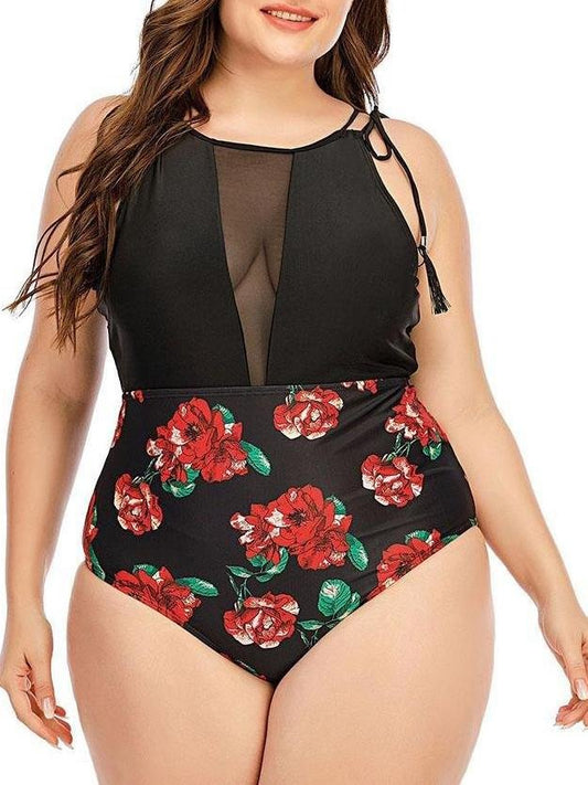 Mesh Stitching Printing Tie Strap One-piece Swimsuit - Plus Swimsuits - INS | Online Fashion Free Shipping Clothing, Dresses, Tops, Shoes - 22/04/2021 - 2204V3 - Color_Black