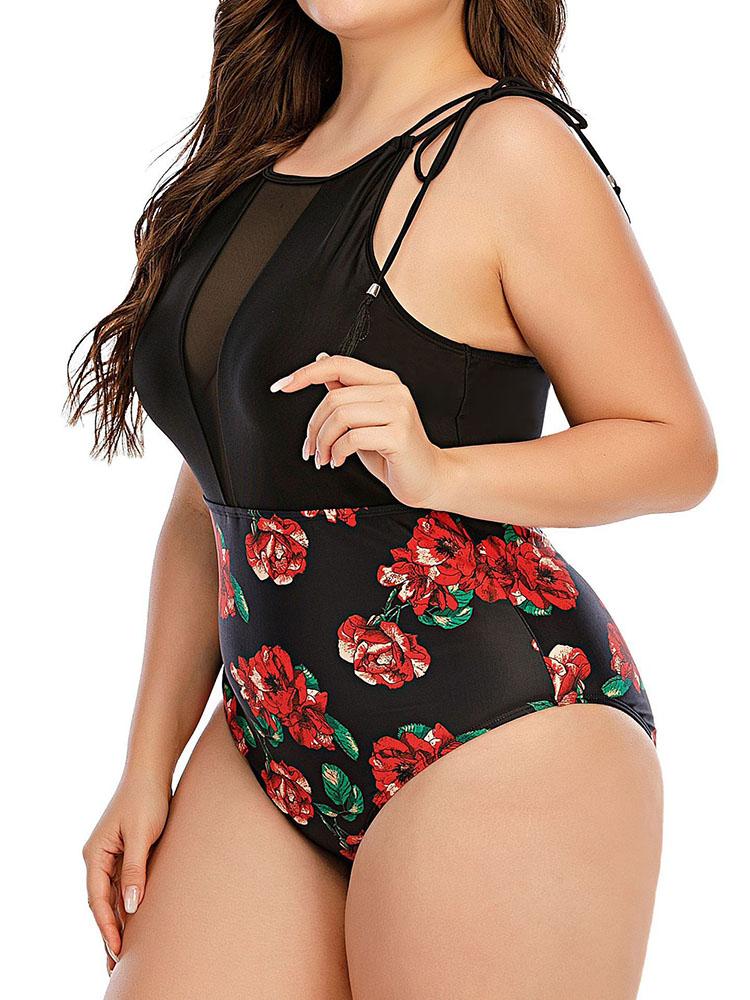 Mesh Stitching Printing Tie Strap One-piece Swimsuit - Plus Swimsuits - INS | Online Fashion Free Shipping Clothing, Dresses, Tops, Shoes - 22/04/2021 - 2204V3 - Color_Black