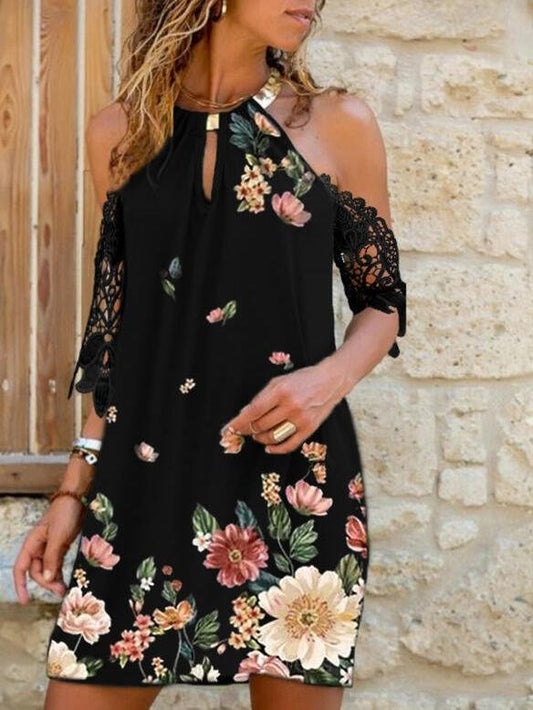 Mid-Sleeve Printed Halterneck Off-the-shoulder Dress - Mini Dresses - INS | Online Fashion Free Shipping Clothing, Dresses, Tops, Shoes - 05/19/2021 - Category_Mini Dresses - Color_Black