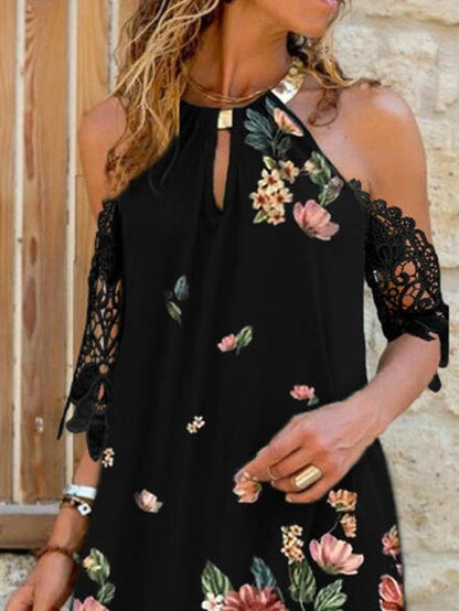 Mid-Sleeve Printed Halterneck Off-the-shoulder Dress - Mini Dresses - INS | Online Fashion Free Shipping Clothing, Dresses, Tops, Shoes - 05/19/2021 - Category_Mini Dresses - Color_Black
