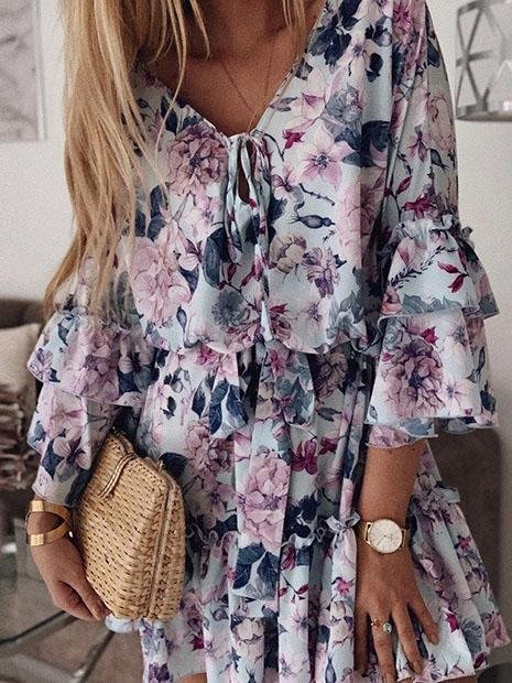 Mid-sleeve Printed Lace-up Ruffle Skirt - Mini Dresses - INS | Online Fashion Free Shipping Clothing, Dresses, Tops, Shoes - 05/06/2021 - Color_Blue - Color_Orange