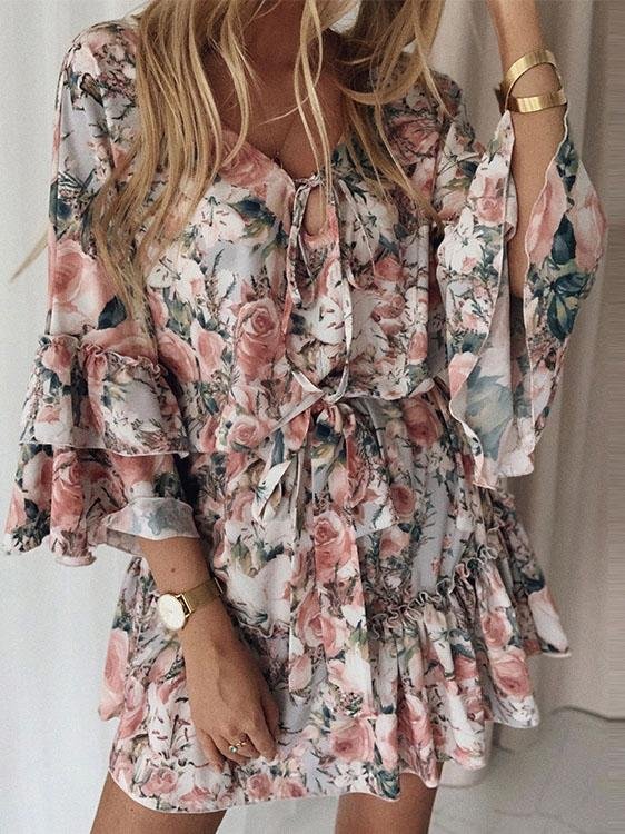 Mid-sleeve Printed Lace-up Ruffle Skirt - Mini Dresses - INS | Online Fashion Free Shipping Clothing, Dresses, Tops, Shoes - 05/06/2021 - Color_Blue - Color_Orange