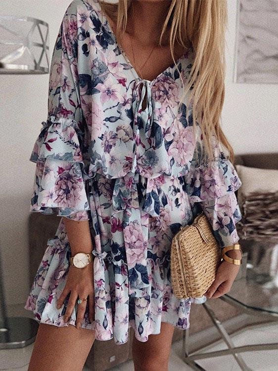 Mid-sleeve Printed Lace-up Ruffle Skirt - Mini Dresses - INS | Online Fashion Free Shipping Clothing, Dresses, Tops, Shoes - 05/06/2021 - Color_Blue - Color_Orange