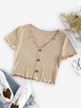 Mock Button Lettuce-trim Ribbed Top - INS | Online Fashion Free Shipping Clothing, Dresses, Tops, Shoes