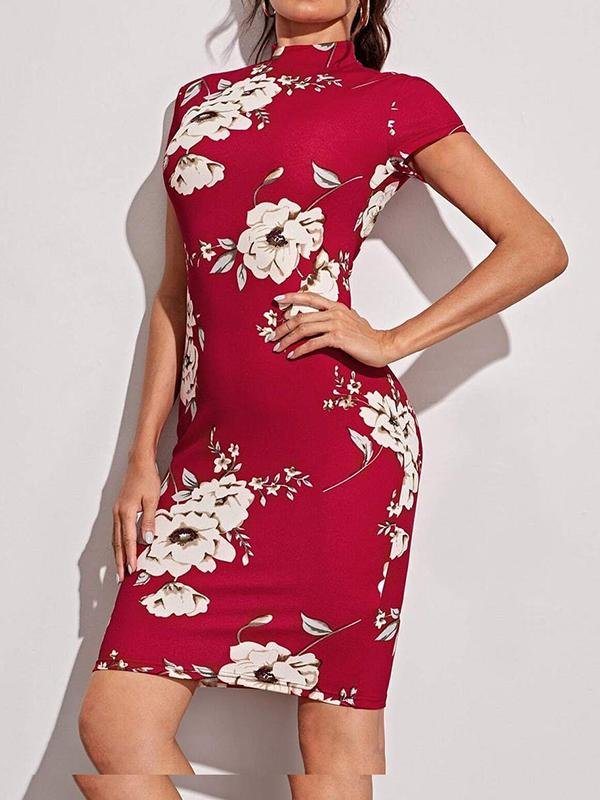 Mock-neck Floral Print Midi Pencil Dress - Dresses - INS | Online Fashion Free Shipping Clothing, Dresses, Tops, Shoes - 01/29/2021 - Black - Bodycon Dresses