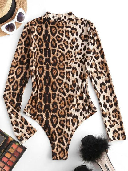 Mock Neck Leopard Snap Crotch Long Sleeve Bodysuit - INS | Online Fashion Free Shipping Clothing, Dresses, Tops, Shoes