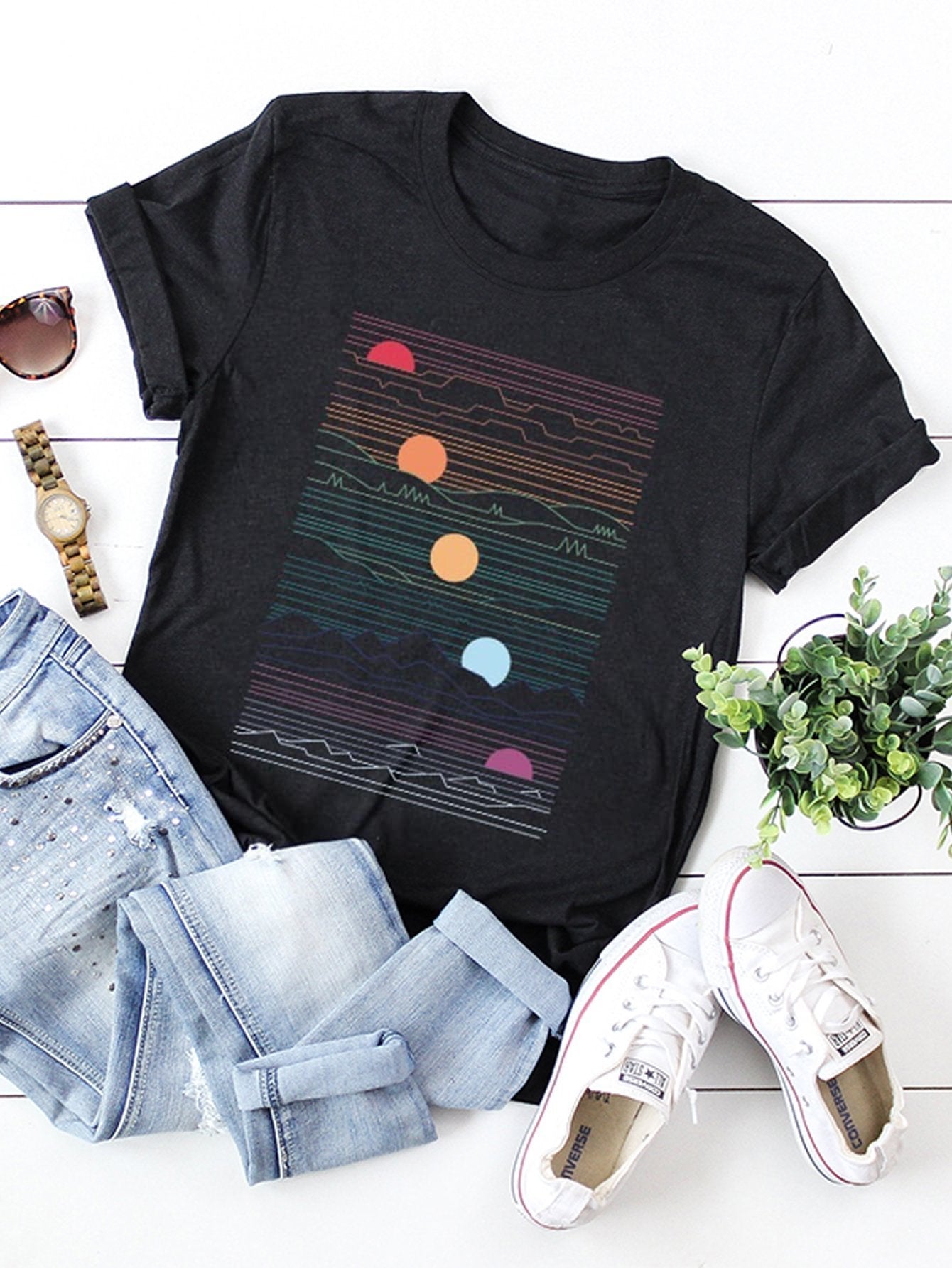 Multicolored Sunset Graphic Tee - INS | Online Fashion Free Shipping Clothing, Dresses, Tops, Shoes