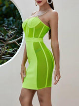 Neon Green Mesh Insert Chain Strap Bandage Dress - Dresses - INS | Online Fashion Free Shipping Clothing, Dresses, Tops, Shoes - 02/03/2021 - Bodycon Dresses - Color_Green