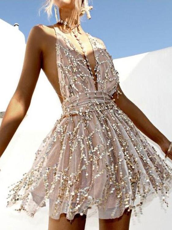 Nightclub Sequined Deep V-Neck Halter Dress - Mini Dresses - INS | Online Fashion Free Shipping Clothing, Dresses, Tops, Shoes - 17/06/2021 - 40-50 - Category_Mini Dresses