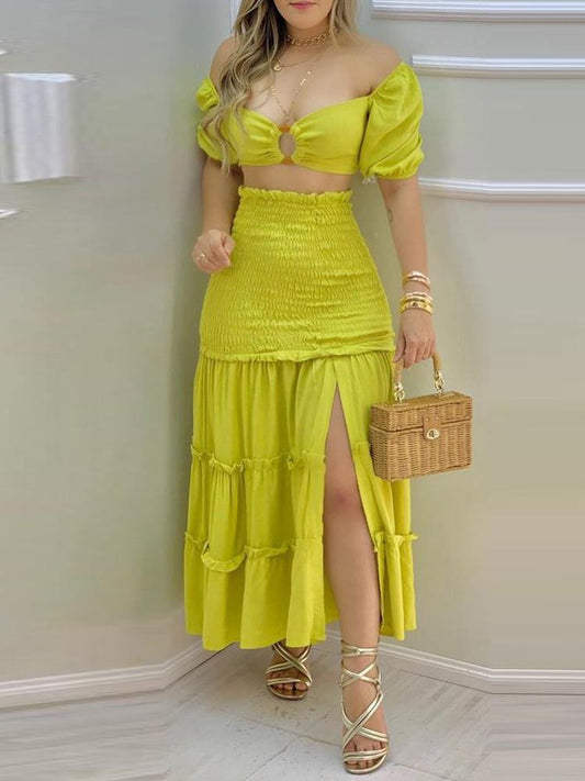 O-Ring Crop Top & Frill Hem Shirred Slit Maxi Skirt Set - Two-piece Outfits - INS | Online Fashion Free Shipping Clothing, Dresses, Tops, Shoes - 28/04/2021 - Color_Purple - Color_Yellow