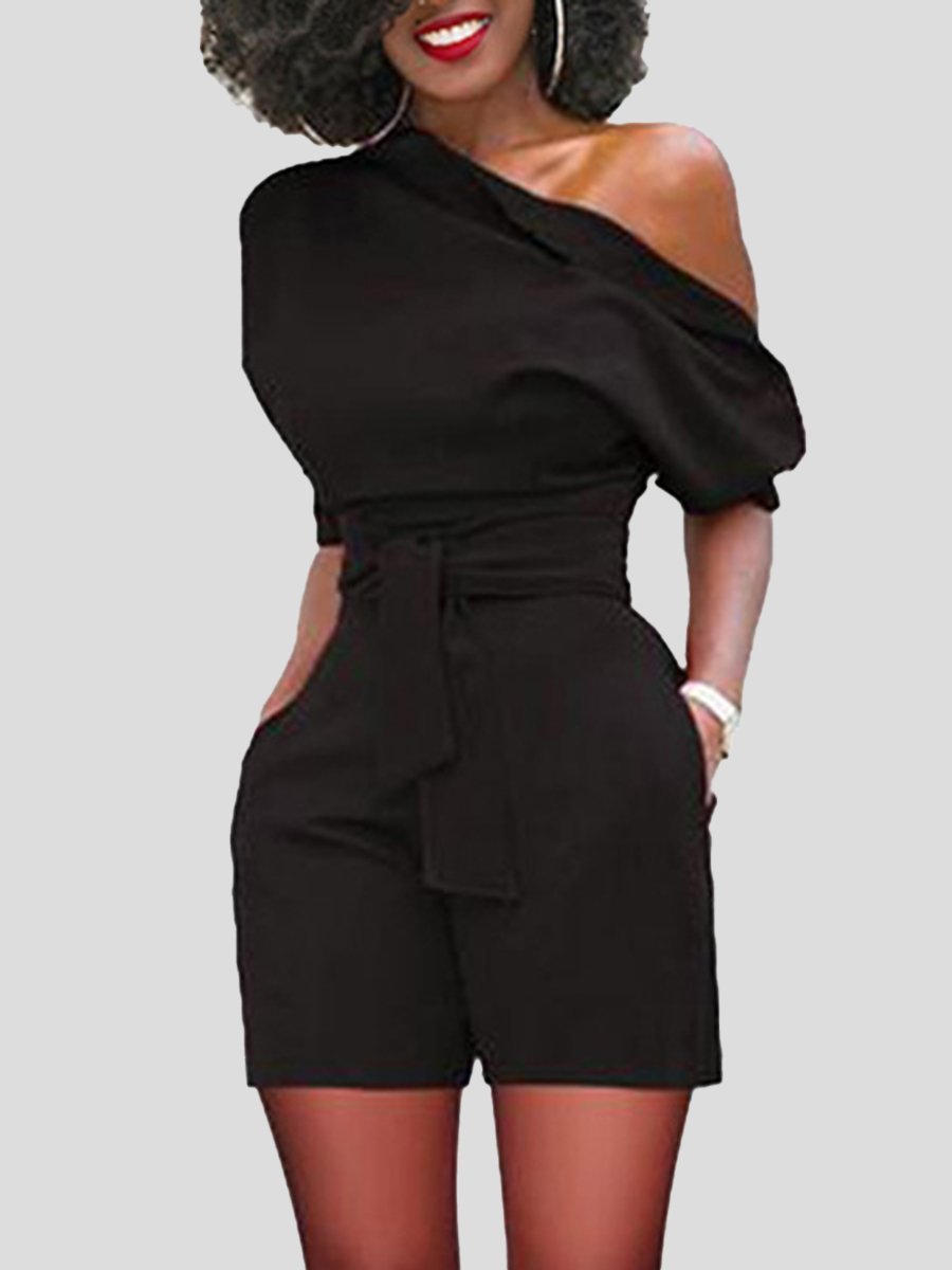 Oblique Shoulder Buttoned Jumpsuit With Belt - Jumpsuits & Rompers - INS | Online Fashion Free Shipping Clothing, Dresses, Tops, Shoes - 09/07/2021 - 20-30 - Bottoms