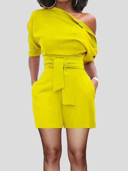 Oblique Shoulder Buttoned Jumpsuit With Belt - Jumpsuits & Rompers - INS | Online Fashion Free Shipping Clothing, Dresses, Tops, Shoes - 09/07/2021 - 20-30 - Bottoms