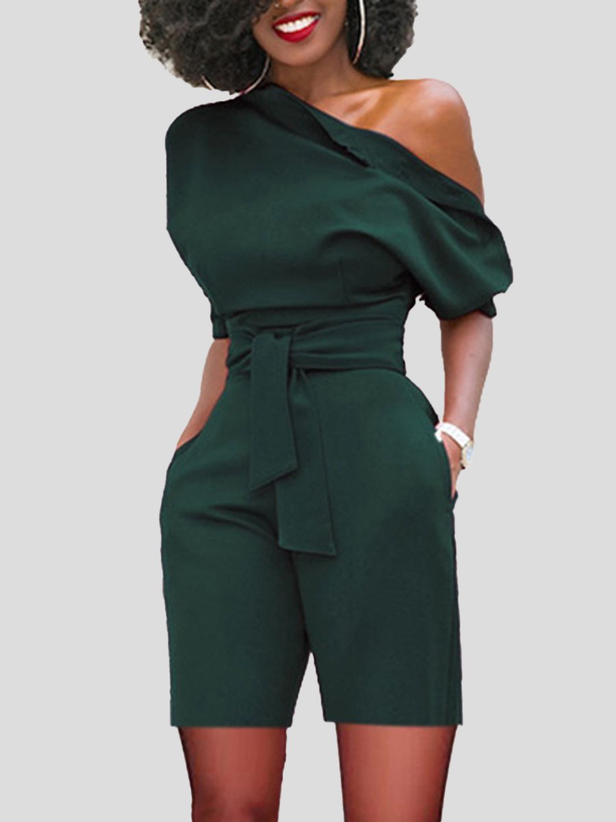 Oblique Shoulder Buttoned Jumpsuit With Belt - Jumpsuits & Rompers - INS | Online Fashion Free Shipping Clothing, Dresses, Tops, Shoes - 09/07/2021 - 20-30 - Bottoms