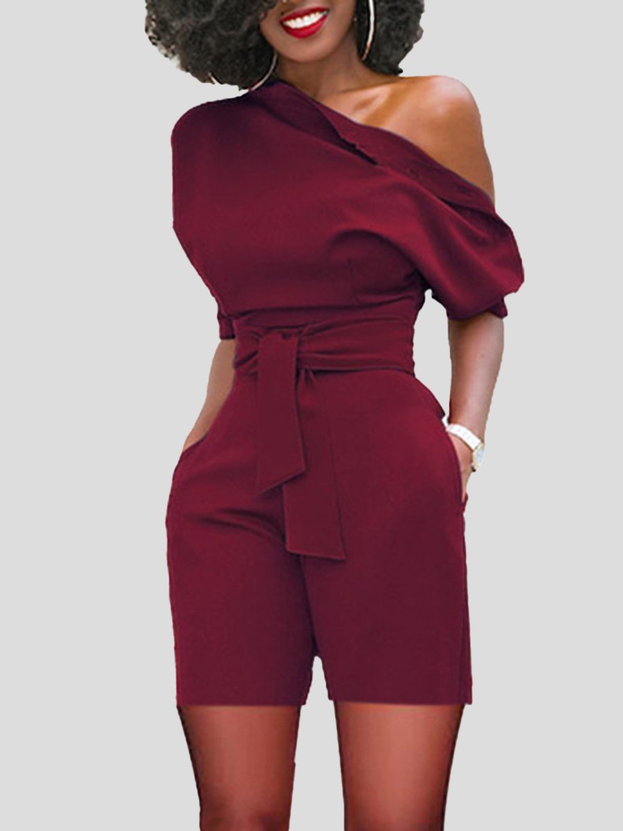 Oblique Shoulder Buttoned Jumpsuit With Belt - Jumpsuits & Rompers - INS | Online Fashion Free Shipping Clothing, Dresses, Tops, Shoes - 09/07/2021 - 20-30 - Bottoms