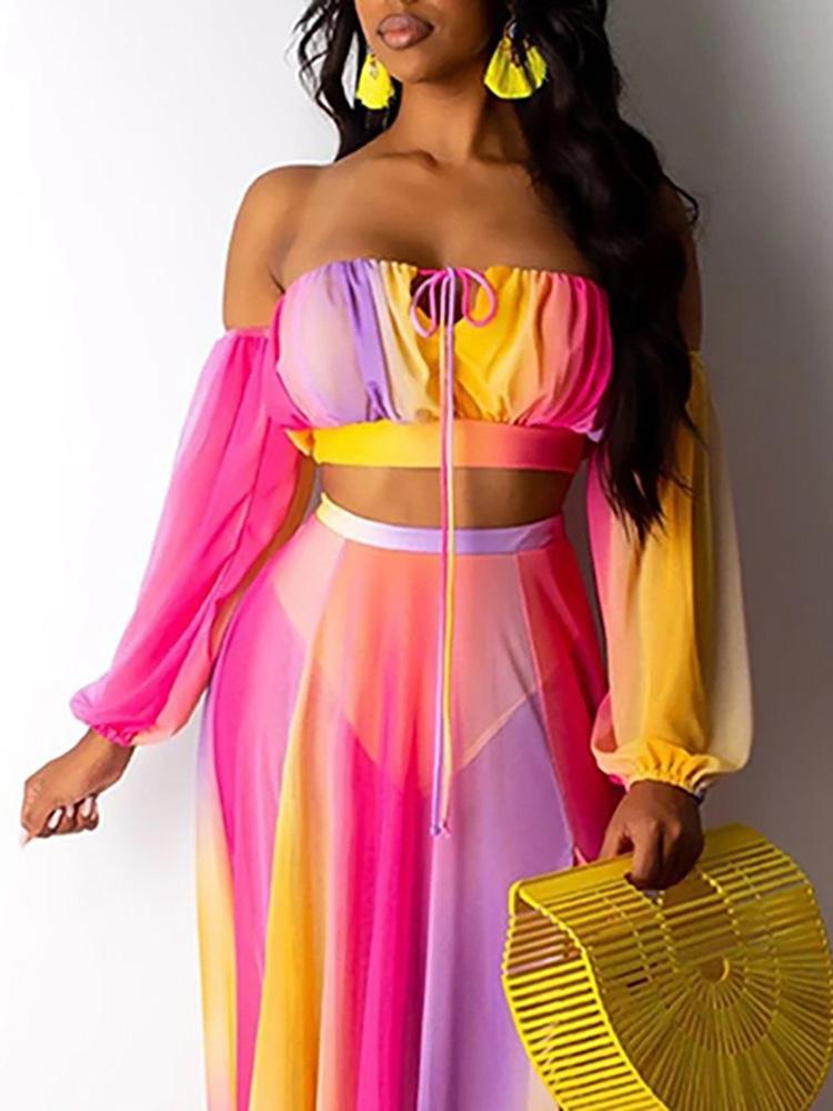 Off Shoulder Colorblock Crop Top & High Slit Maxi Skirt Set - Two-piece Outfits - INS | Online Fashion Free Shipping Clothing, Dresses, Tops, Shoes - 29/04/2021 - Color_Hot Pink - Maxi Dresses