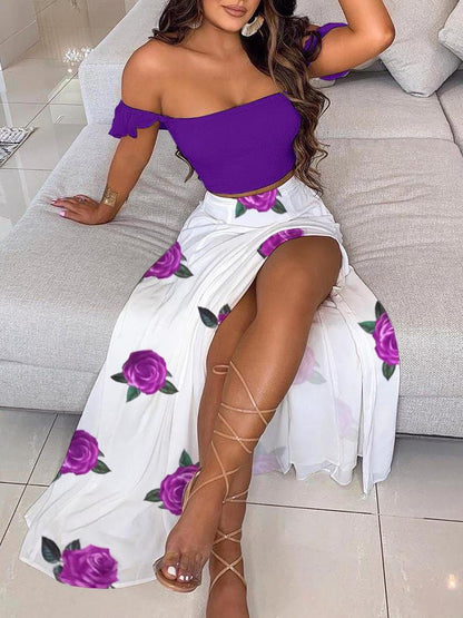 Off Shoulder Crop Top & Floral Print High Slit Skirt Sets - Two-piece Outfits - INS | Online Fashion Free Shipping Clothing, Dresses, Tops, Shoes - 29/04/2021 - Color_Purple - Maxi Dresses