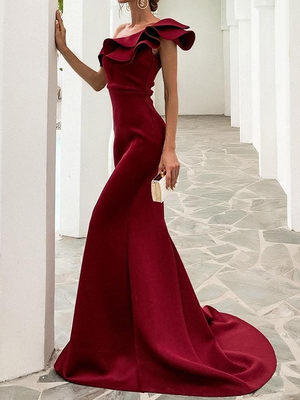 Off Shoulder Exaggerated Ruffle Mermaid Prom Dress - Dresses - INS | Online Fashion Free Shipping Clothing, Dresses, Tops, Shoes - 02/02/2021 - Burgundy - chiffon-dress