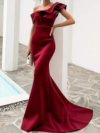 Off Shoulder Exaggerated Ruffle Mermaid Prom Dress - Dresses - INS | Online Fashion Free Shipping Clothing, Dresses, Tops, Shoes - 02/02/2021 - Burgundy - chiffon-dress