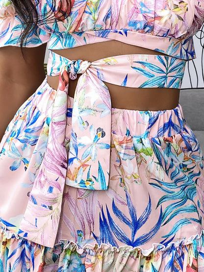 Off Shoulder Floral Print Top & Frill Hem Skirt Set - Sets - INS | Online Fashion Free Shipping Clothing, Dresses, Tops, Shoes - 30/04/2021 - Category_Sets - Color_Pink