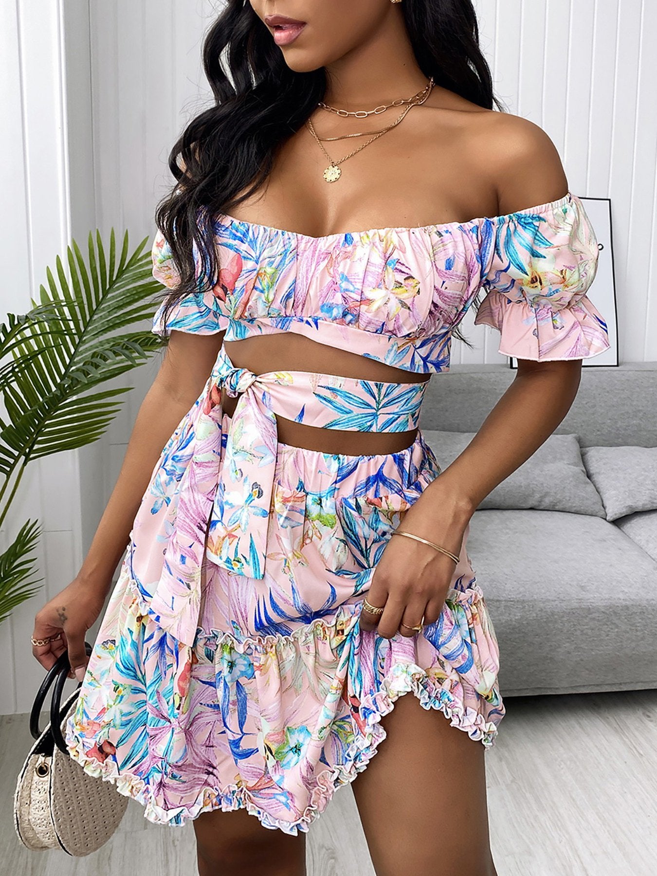 Off Shoulder Floral Print Top & Frill Hem Skirt Set - Sets - INS | Online Fashion Free Shipping Clothing, Dresses, Tops, Shoes - 30/04/2021 - Category_Sets - Color_Pink