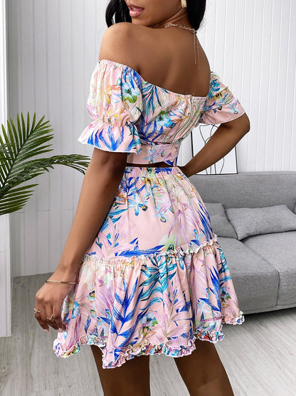 Off Shoulder Floral Print Top & Frill Hem Skirt Set - Sets - INS | Online Fashion Free Shipping Clothing, Dresses, Tops, Shoes - 30/04/2021 - Category_Sets - Color_Pink