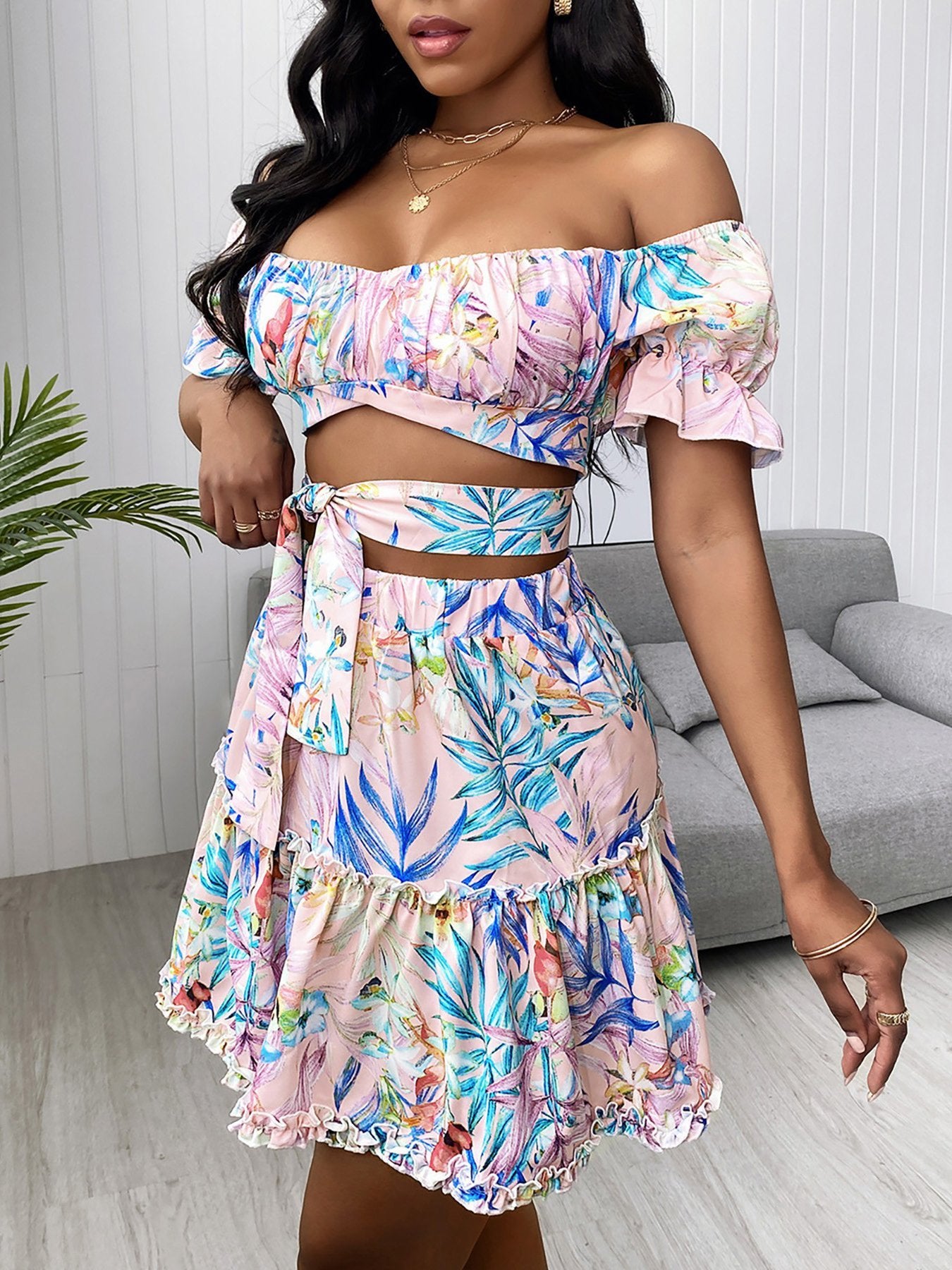 Off Shoulder Floral Print Top & Frill Hem Skirt Set - Sets - INS | Online Fashion Free Shipping Clothing, Dresses, Tops, Shoes - 30/04/2021 - Category_Sets - Color_Pink