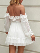 Off Shoulder Frill Trim Swiss Dot Chiffon Dress - Dresses - INS | Online Fashion Free Shipping Clothing, Dresses, Tops, Shoes - 02/05/2021 - Color_White - Daily