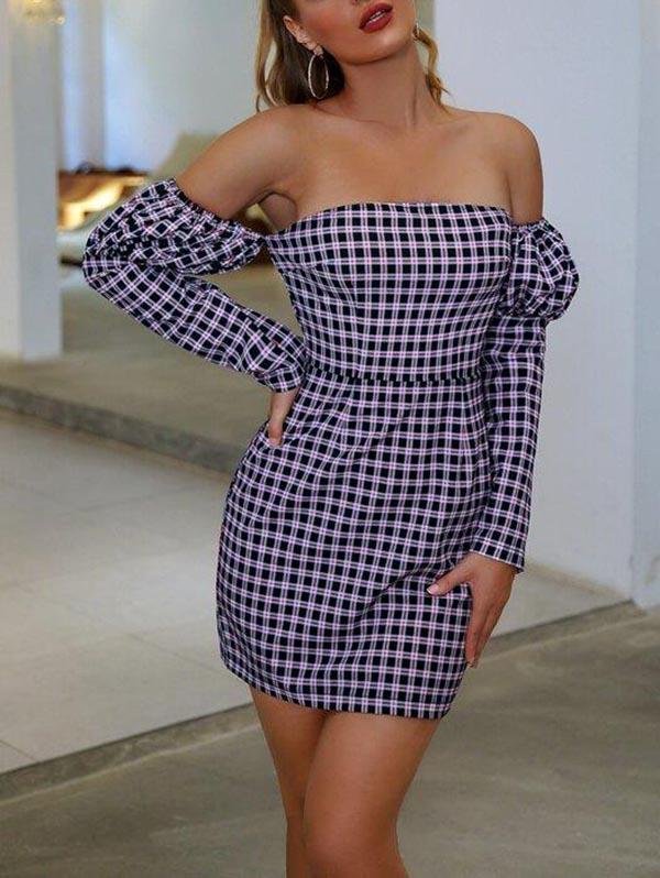 Off Shoulder Gigot Sleeve Plaid Dress - Dresses - INS | Online Fashion Free Shipping Clothing, Dresses, Tops, Shoes - 02/03/2021 - Daily - Dresses