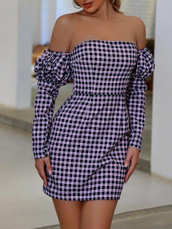 Off Shoulder Gigot Sleeve Plaid Dress - Dresses - INS | Online Fashion Free Shipping Clothing, Dresses, Tops, Shoes - 02/03/2021 - Daily - Dresses