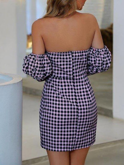 Off Shoulder Gigot Sleeve Plaid Dress - Dresses - INS | Online Fashion Free Shipping Clothing, Dresses, Tops, Shoes - 02/03/2021 - Daily - Dresses