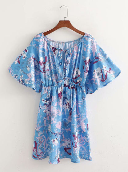 Off-shoulder Lace-up Flared Sleeve Print Casual Mini Dress - Mini Dresses - INS | Online Fashion Free Shipping Clothing, Dresses, Tops, Shoes - 23/07/2021 - 30-40 - color-blue