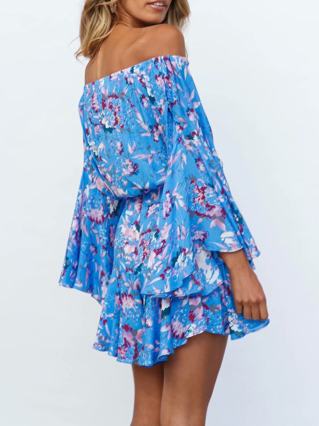 Off-shoulder Lace-up Flared Sleeve Print Casual Mini Dress - Mini Dresses - INS | Online Fashion Free Shipping Clothing, Dresses, Tops, Shoes - 23/07/2021 - 30-40 - color-blue