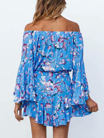 Off-shoulder Lace-up Flared Sleeve Print Casual Mini Dress - Mini Dresses - INS | Online Fashion Free Shipping Clothing, Dresses, Tops, Shoes - 23/07/2021 - 30-40 - color-blue