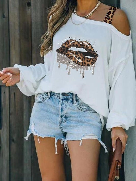 Off Shoulder Leopard Lips Print Long Sleeve Loose T-shirt - MsDressly