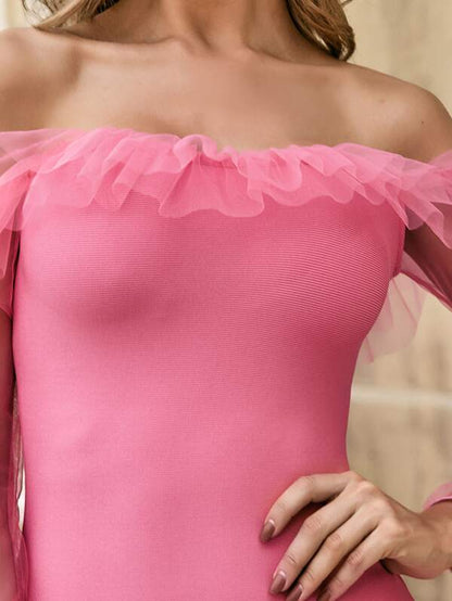 Off Shoulder Mesh Ruffle Trim Bandage Dress - Dresses - INS | Online Fashion Free Shipping Clothing, Dresses, Tops, Shoes - 02//03/2021 - Bodycon Dresses - Color_Pink
